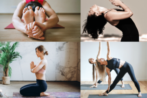junge Frauen in verschiedenen Yogaposition und Yogaarten